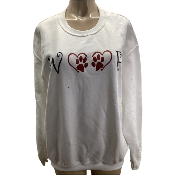 Gildan Woof Size Large White Sweatshirt With Dog Prints. Preloved - Picture 1 of 8